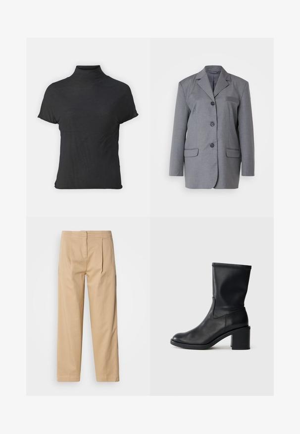 Grijze blazer van textuurstof met een gestructureerd revers, drieknoopsluiting en twee voorkampen. Eenvoudig en op maat gemaakt ontwerp.; Zwarte korte mouwen coltrui gemaakt van lichtgewicht stof met een gladde textuur en een getailleerde pasvorm, met een hoge halslijn.; Beige katoenen broek met een ontspannen pasvorm, voorzien van twee voorplooien, een rechte pijp en een klassieke knoopsluiting in de taille.; Zwarte leren enkellaars met een ronde neus, een gladde textuur en een chunky hak, met een strak schacht en subtiele stiksels.