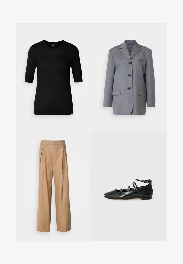 Grauer Blazer aus strukturiertem Stoff mit einem Reverskragen, Drei-Knopf-Verschluss und zwei Fronttaschen. Schlichtes und tailliertes Design.; Schwarzer Kurzarmpullover aus feiner Merinowolle. Rundhalsausschnitt, slim fit, glatte Textur, minimalistisches Design, keine sichtbaren Muster oder Akzente.; Weite Hose aus einem strukturierten, hellbraunen Stoff. Mit Vorderfalten und einer hohen Taille, die eine glatte Oberfläche und keine sichtbaren Verschlüsse aufweist.; ALDO NELTA - Klassischer Ballerina - black