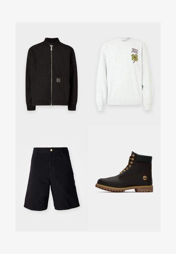 Veste bomber matelassée noire avec col côtelé, fermeture éclair à l'avant et poches latérales. Présente un écusson logo sur la poche gauche.; Sweat-shirt gris en tissu texturé, doté d'un col rond, de manches longues, avec un motif graphique de trèfle à quatre feuilles vert et un texte sur la poitrine.; Shorts en denim noir avec une fermeture à bouton, présentant une coupe droite, des poches latérales et des coutures renforcées pour plus de durabilité.; Bottine noire en cuir avec œillets dorés, accents marron et semelle en caoutchouc. Comprend un col rembourré et un logo estampé sur le côté.