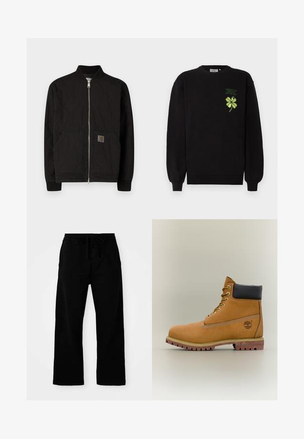 Sort vatteret bomberjakke med ribbet krave, lynlås foran og sidelommer. Har et logoemblem på venstre lomme.; Sort sweatshirt af blødt stof med et grønt broderet firekløver og tekst på brystet. Ribstrikkede ærmegab og kant.; Sorte bukser med elastisk talje og justerbar snor, brede ben og en glat bomulds struktur. Ingen synlige mønstre eller hardware detaljer.; Brun læderankelstøvle med sort krave, gule snørebånd og tanfarvet sål. Har logo og hvide syninger som detalje. Robust ydersål med greb.