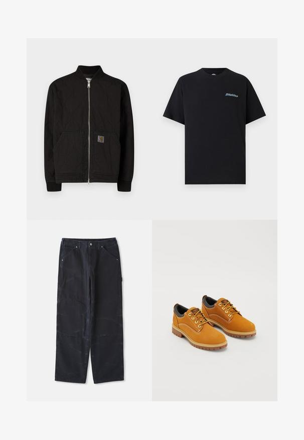 Veste bomber matelassée noire avec col côtelé, fermeture éclair à l'avant et poches latérales. Présente un écusson logo sur la poche gauche.; T-shirt noir à manches courtes et col rond avec un petit logo "Dickies" multicolore sur la poitrine gauche, sur un fond uni.; Pantalons larges noirs en denim avec une finition texturée, dotés de poches avant et d'une fermeture à bouton classique.; Chaussures en daim marron avec un bout rond, des lacets jaunes, un col rembourré noir et des semelles en caoutchouc avec des rainures de traction.