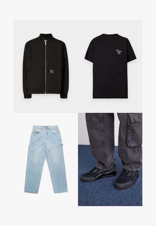 Zwarte doorgestikte bomberjack met een geribde kraag, rits aan de voorkant en zijzakken. Heeft een logopatch op de linkerzak.; Zwarte T-shirt met korte mouwen en een ronde hals met kleine witte scripttekst "Carhartt Wip" op de linkerborst.; Lichtblauwe denim spijkerbroek met een losse pasvorm, vijf zakken en zichtbare stiksels. Bevat een merklabel op de voorzak.; Zwarte sportieve schoenen met een gestructureerd oppervlak, gladde accenten en een chunky zool, gecombineerd met donkere, loszittende cargo pants.