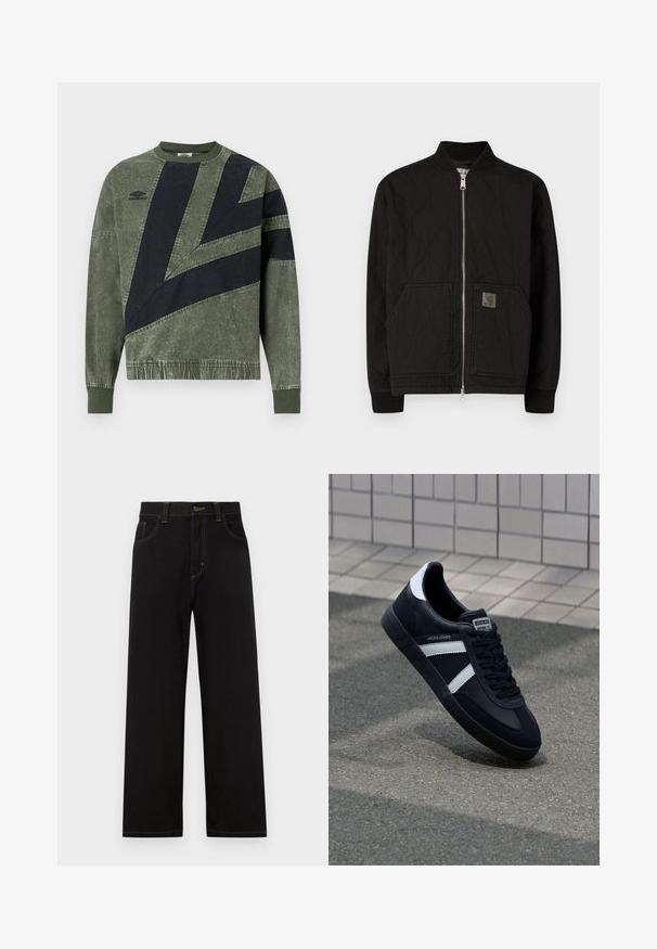 Sort vatteret bomberjakke med ribbet krave, lynlås foran og sidelommer. Har et logoemblem på venstre lomme.; Langærmet sweatshirt i grøn og sort farveblok med ribbede manchetter og krave, med Umbro-logo på venstre bryst.; Sorte denimbukser med lige pasform, der har frontlommer, kontrastgule syninger og en knaplukning i taljen.; Sort lædersneaker med hvide striber, tekstureret gummisål og snørrebånd foran. Har et brandet mærke på tungen.