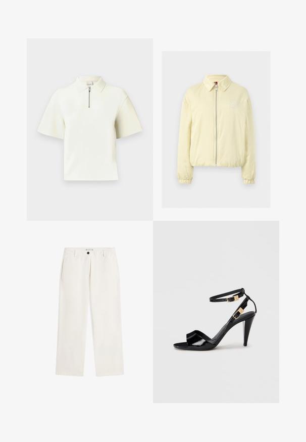 Veste bomber jaune clair avec fermeture éclair, poignets élastiques et un logo brodé discret sur la poitrine. Texture de tissu lisse.; Polo à manches courtes blanc, doté d'un col zippé, tissu lisse, coupe moderne et coupe décontractée. Design simple et épuré.; Pantalon blanc à jambes droites avec passants de ceinture, poches latérales et fermeture par bouton noir à la taille, présenté sur fond blanc.; Sandale à talon haut en cuir verni noir avec double bride de cheville et boucles dorées, bout ouvert, et talon effilé sur fond neutre.