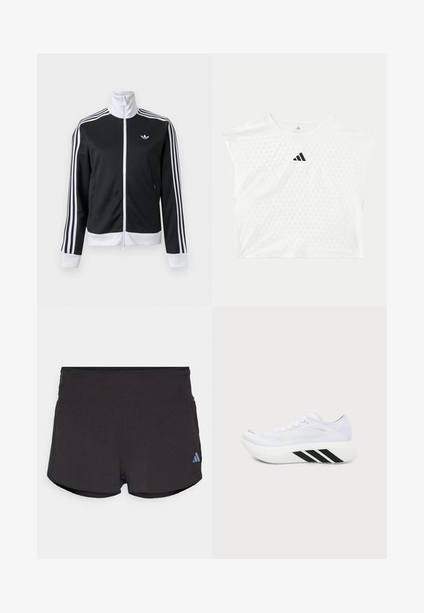 Čierno-biela tréningová bunda s plným predným zipsom, bielym golierom, tromi bielymi pásmi na rukávoch a malým logom na ľavej strane hrude.; Biele Adidas športové tričko s krátkym rukávom s textúrovaným bodkovaným vzorom a čiernym logom Adidas uprostred na hrudníku.; Čierne športové šortky s textúrovaným povrchom, so širokým pásom a svetlomodrým logom Adidas na dolnej ľavej strane.; Biela športová topánka s hrubou podrážkou, čierne diagonálne pruhy na strednej podrážke, sieťovinový zvršok a šnúrky, zobrazená zboku na obyčajnom pozadí.