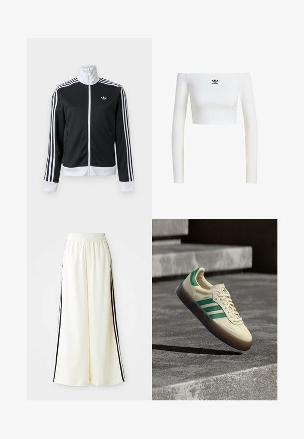 Čierno-biela tréningová bunda s plným predným zipsom, bielym golierom, tromi bielymi pásmi na rukávoch a malým logom na ľavej strane hrude.; Biela crop top s odhalenými ramenami z rebrovaného materiálu, s dlhými rukávmi a malým čiernym logom Adidas na prednej strane.; Biele široké nohavice s elastickým pásom a čiernymi vertikálnymi pruhmi pozdĺž vonkajších švov.; Tenisová obuv krémovej farby so zelenými akcentmi, tromi zelenými pruhmi, textúrovanou gumovou podrážkou a klasickým šnurovaním. Na boku logo "Samba".