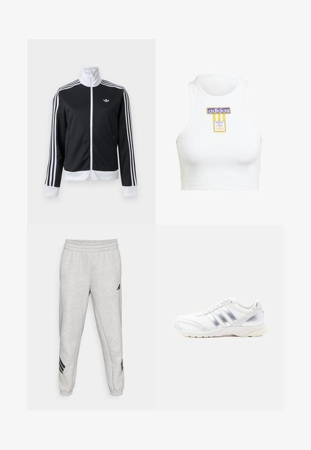 Schwarz-weiße Trainingsjacke mit durchgehendem Frontreißverschluss, weißem Kragen, drei weißen Streifen an den Ärmeln und kleinem Logo auf der linken Brust.; Weißes, geripptes Crop-Top mit einem hohen Halsauschnitt. Verfügt über blaue und gelbe "adidas"-Logos sowie Markenlabel-Patches auf der Vorderseite.; Hellgraue Jogginghose mit einem gerippten elastischen Bund, schmal zulaufenden Beinen und drei schwarzen diagonalen Streifen nahe den Bündchen. Glatte Textur.; Weißer Sportschuh mit silbernen Akzenten, strukturiertem Obermaterial, dreistreifigem Design und einer dicken Gummisohle.