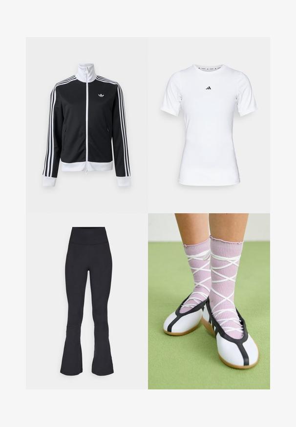 Veste de survêtement noire et blanche avec fermeture éclair complète à l'avant, col blanc, trois bandes blanches sur les manches et petit logo sur la poitrine gauche.; T-shirt de sport blanc à manches courtes, fabriqué en tissu lisse et extensible. Doté d'un petit logo noir Adidas sur la poitrine.; Leggings évasés noirs en tissu extensible, avec une taille haute, une texture lisse et des détails de couture subtils.; Jambes portant des chaussettes lavande côtelées avec des brides blanches croisées, associées à des ballerines blanches avec un bord noir sur un sol vert.