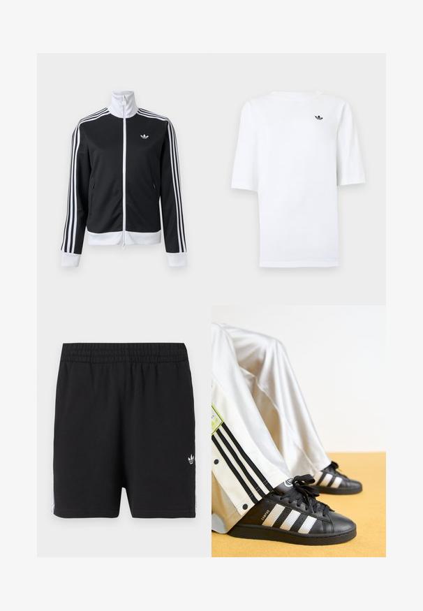 Čierno-biela tréningová bunda s plným predným zipsom, bielym golierom, tromi bielymi pásmi na rukávoch a malým logom na ľavej strane hrude.; Biele tričko Adidas s krátkymi rukávmi a malým čiernym logom trefoil na ľavej strane hrudníka.; Čierne atletické šortky s elastickým pásom, malým bielym logom Adidas trefoil na ľavom stehne a bielymi pruhmi pozdĺž strán.; Čierne tenisky Adidas Campus so zlatými pruhmi a čiernymi šnúrkami, spárované s bielymi teplákmi so čiernymi pruhmi a logom.
