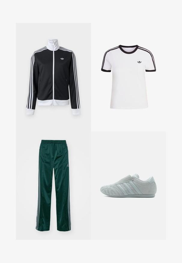 Zwart-wit trainingsjack met volledige ritssluiting aan de voorkant, witte kraag, drie witte strepen op de mouwen en klein logo op de linkerborst.; Wit T-shirt met korte mouwen en zwarte accenten, voorzien van een ronde hals en drie zwarte strepen op elke schouder. Klein zwart logo op de borst.; Donkergroene sportbroeken van glanzend materiaal, met zijstrepens in lichtgrijs en een geborduurd logo op het linkerbeen.; Grijze suède instapsneaker met een gestructureerd oppervlak, voorzien van drie zijstrepen en een afgeronde neus. Rubberzool met minimale designdetails.