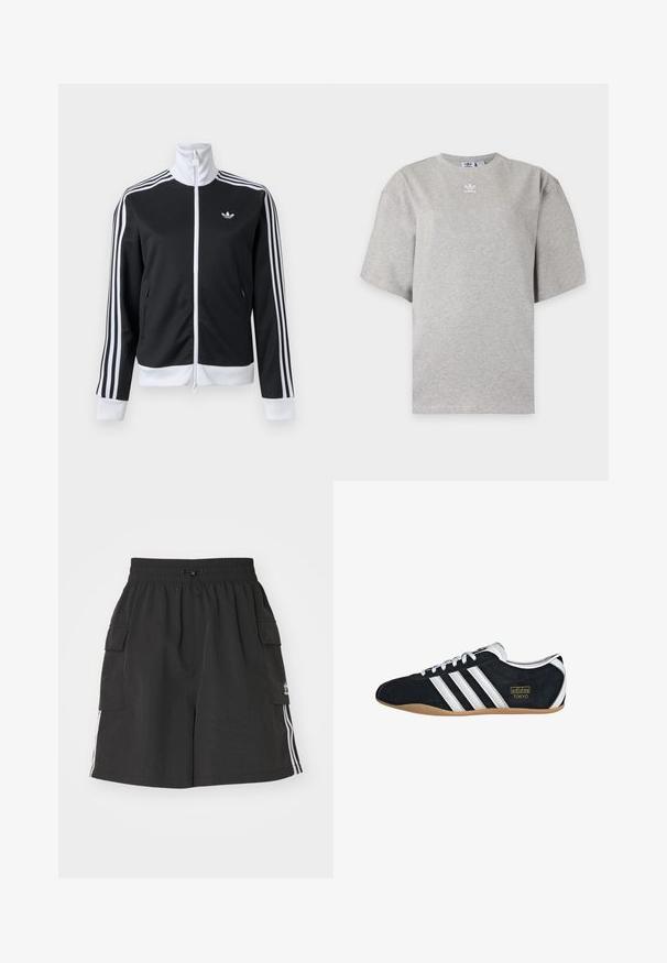 Veste de survêtement noire et blanche avec fermeture éclair complète à l'avant, col blanc, trois bandes blanches sur les manches et petit logo sur la poitrine gauche.; T-shirt Adidas gris clair à manches courtes avec col rond et petit logo Adidas blanc sur la poitrine, présenté sur un fond simple.; Shorts cargo noirs en matériau léger, dotés d'une taille élastique, d'une fermeture à cordon, de poches latérales et de rayures blanches sur les côtés.; Sneakers en suede noir avec trois bandes blanches, logo doré et semelle en caoutchouc marron. Présente un design à lacets à profil bas.
