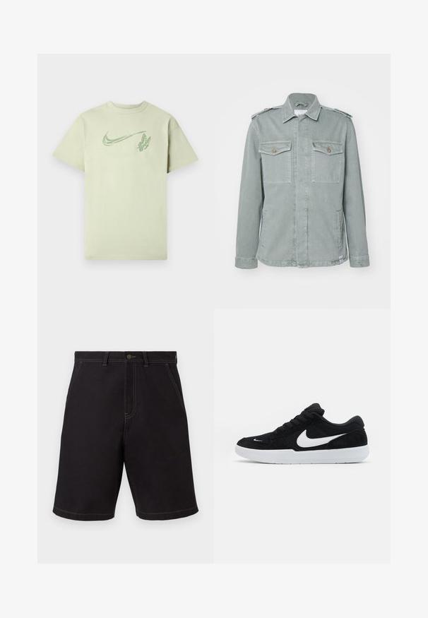Vihreä denim-takki, jossa on sotilasmallinen muotoilu. Takissa on kaksi rintataskua, hartiapelejä ja suora leikkaus. Pintakuvio on sileä.; Vihreä puuvillapaita, jossa on suuri Nike-swoosh-logo ja perhosgrafiikka, klassisella pyöreällä kaula-aukolla ja lyhyillä hihoilla.; Musta polvipituinen shortsit, joissa on etutaskut, vyölenkit ja näkyvä valkoinen ommel vaalealla taustalla.; Musta mokkasaappaat valkoisilla yksityiskohdilla, joissa on pyöreä kärki, paksu valkoinen pohja ja mustat nauhat. Rinnalla näkyy suuri valkoinen Nike-logo.