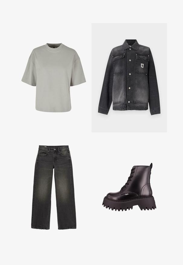 Zwarte jeansjack met een vervaagde look, knoopsluiting, twee klepzakken op de borst, lange mouwen en een klein wit merkembleem op het linker borstzakje.; Grijze T-shirt met korte mouwen en ronde hals, gemaakt van zacht katoen, met een ontspannen pasvorm en minimale stikdetails.; Zwarte jeans met wijde pijpen, lichte vervaging op de dijen, knoopsluiting aan de voorkant en ontwerp met vijf zakken op een witte achtergrond.; Zwarte leren enkellaars met een stevige, geribbelde rubberen zool, vetersluiting aan de voorkant en logodetail aan de zijkant. Glad textuur en robuust ontwerp.