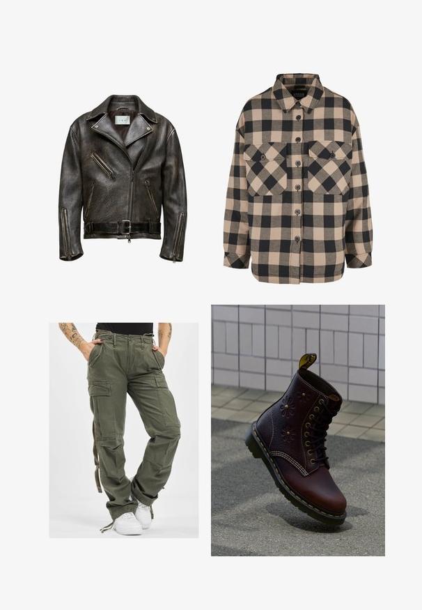 Brun læder bikerjakke med tekstureret finish, asymmetrisk lynlås og flere lynlåslommer; har en bælte i taljen og bred krave.; Rutet flannel skjorte i beige og mørkegrå. Har en knap-ned front, to brystlommer og en nedfoldet krave. Løs pasform.; Olivengrønne cargo-bukser med flere lommer, snøre i taljen og afslappet pasform. Stoffet har en blød tekstur og en robust, holdbar fremtoning.; Mørkebrun læderstøvle med blomsterprægning og gul syning, placeret opret på en tekstureret fortov med flisebelagt væg i baggrunden.