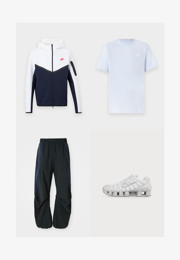 Nikei kapuutsiga jakk, mille ülemine osa on valge, alumine tumesinine, keskel must lukuga ja vasakul rinnal väike punane Nike logo.; Hele sinine puuvillane t-särk lühikeste varrukatega, ümar kaelus ja valge Nike logo trükituna vasakul rinnal. Sile tekstuur, lihtne disain.; Mustad mustad püksid, millel on lõdvestunud sobivus, elastne vöökoht, tumesinised külgpaneelid ja vetthülgavad taskud mõlemal küljel.; Valge Nike jooksujalats nähtava õhupadjaga tallaga ja hõbedase Swooshi logoga küljel, nähtav välisküljelt.