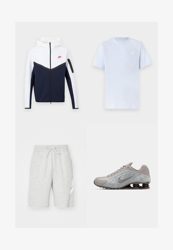 Nike-Kapuzensweatshirt mit weißem Oberteil, dunkelblauem Unterteil, schwarzem Reißverschluss in der Mitte und kleinem roten Nike-Logo auf der linken Brust.; Hellblaue Baumwoll-T-Shirt mit kurzen Ärmeln, Rundhalsausschnitt und einem weißen Nike-Logo, das auf der linken Brust gedruckt ist. Glatte Textur, schlichtes Design.; Herren Sweatshorts in Grau aus weichem Baumwollmaterial, mit elastischem Bund und Kordelzug, Seitentaschen und einem weißen Logodetail.; Nike-Laufschuh in Hellgrau mit glatter Textur, geschwungenem Design und sichtbaren dämpfenden Federn in Dunkelbraun an der Ferse.