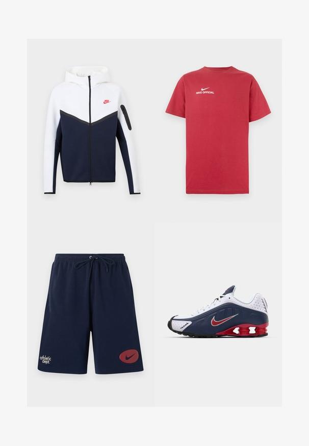 Nike-jas met capuchon, witte bovenkant, donkerblauwe onderkant, zwarte rits in het midden en een klein rood Nike-logo op de linkerborst.; Rood katoenen T-shirt met een ronde hals, voorzien van een wit Nike-logo en de tekst "NIKE OFFICIAL" centraal op de borst. Korte mouwen.; Sportieve shorts in marineblauw met elastische tailleband en trekkoord, met de tekst "athletic dept." op het linkerbeen en het rode Nike-swoosh-logo op het rechterbeen.; Witte en marineblauwe sportshoe met rode accenten, gaaspanelen, een gevoerde kraag en een onderscheidend zoolontwerp met zichtbare dempingsunits.