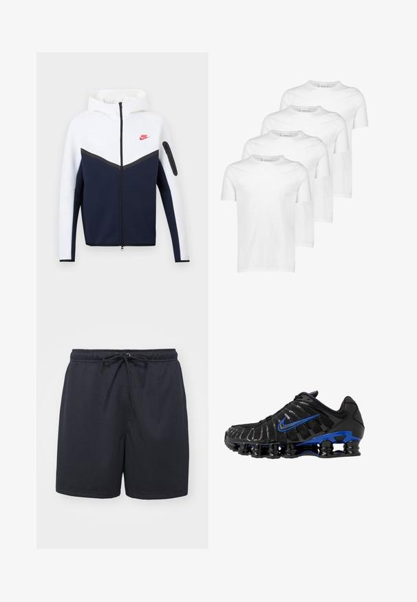 Hættetrøje fra Nike med hvid øverste del, mørkeblå nederste sektion, sort lynlås midt foran og lille rød Nike-logo på venstre bryst.; Hvide bomulds T-shirts, kortærmede, rund halsudskæring, glat tekstur, stableret i fire stykker med ensartet design uden mønstre eller accenter.; Sorte atletiske shorts lavet af tekstureret, åndbart stof; har en elastisk talje med en snor for justerbar pasform.; Sort atletiksko med en mesh-overdel og skinnende accenter. Har blå swoosh, polstret krave og fremtrædende sort gummisål med synlig dæmpning.