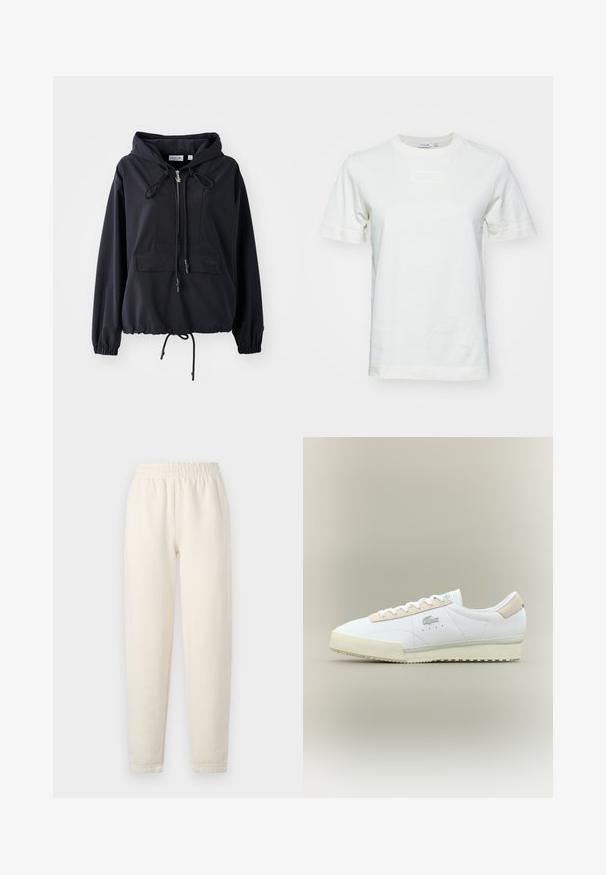 Čierna ľahká mikina s kapucňou, predným vreckom, nastaviteľnými šnúrkami na kapucni a leme a elastickými manžetami. Obsahuje branding Lacoste.; Biela bavlnená tričko s krátkymi rukávmi, okrúhlym výstrihom a textúrovaným logom "LACOSTE" na prednej strane. Hladká tkanina s bežným strihom.; Krémové tepláky vyrobené z mäkkého materiálu. Majú elastický pás a nohavice so zúženým strihom s jemnými švovými detailmi.; Biele kožené tenisky s béžovým semišovým detailom. Majú zaoblenú špičku, ploché šnúrky a štruktúrovanú podrážku. Na boku je logo Lacoste.