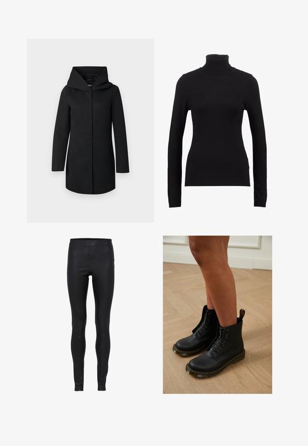 Sort lang frakke med bred krave og skjult forlukning foran, vist fladt på en lysegrå baggrund.; Sort turtleneck sweater lavet af blød stof, med lange ærmer og en tætsiddende silhuet. Enkel design uden synlige mønstre eller dekorationer.; Sorte læderleggings med høj talje, glat tekstur og tætsiddende pasform fra talje til ankel.; Sorte læder ankelstøvler med lynlås og snøredesign, der har gule stikninger og en tyk, struktureret sål.