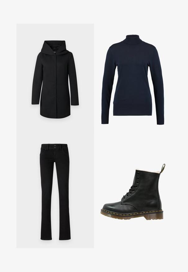 Sort lang frakke med bred krave og skjult forlukning foran, vist fladt på en lysegrå baggrund.; Kaffe ASTRID ROLL NECK - Striktrøje - midnight marine; Sort slim-fit jeans med to frontlommer, bæltestropper og dobbelt knaplukning, præsenteret på en ensfarvet hvid baggrund.; Sort læder ankelstøvle med en blød hvid foring, rund tå, seks øjes lacing, gul syning og en gennemsigtig gummisål.