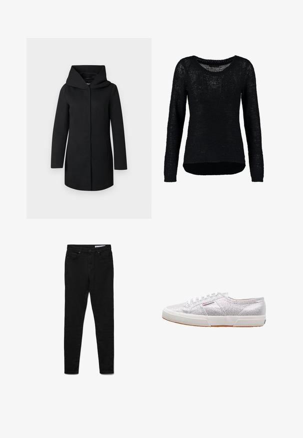Sort lang frakke med bred krave og skjult forlukning foran, vist fladt på en lysegrå baggrund.; Sort strikket sweater med lange ærmer, bred udskæring og et tekstureret mønster. Den rundede kant er længere bagpå end foran.; Sorte denimjeans med en slank pasform, der har talje i midjehøjde, fem lommer, lukning med metalknap og diskrete syningsdetaljer.; Sølvglitrende sneakers med hvid gummisål, der har rund tå, snørebåndsdesign og et logo-patch på siden.