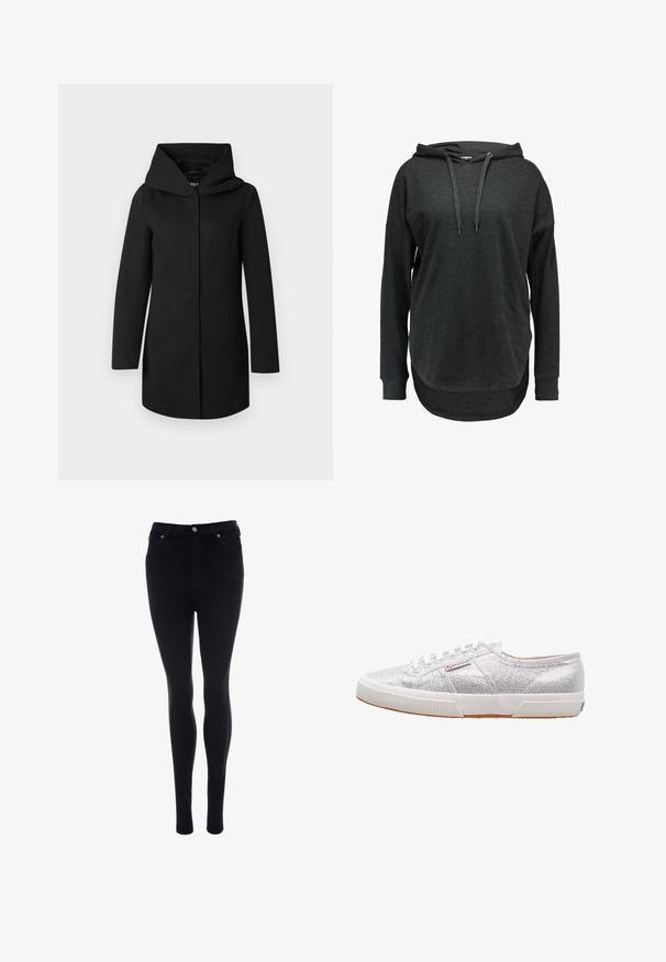Schwarzer langer Mantel mit weitem Kragen und verdecktem Frontverschluss, flach auf einem hellgrauen Hintergrund dargestellt.; Dunkelgrauer Hoodie mit lockerer Passform, Kapuze mit Kordelzug, langen Ärmeln, seitlichen Schlitzen und abgerundetem Saum. Hergestellt aus weichem, dehnbarem Stoff.; Schwarze Skinny-Jeans aus Denim mit glatter Textur. Verfügt über einen Frontknopf- und Reißverschluss, fünf Taschen und eine schmale Passform.; Silberne Glitzer-Sneaker mit einer weißen Gummisohle, runder Zehenpartie, Schnürdesign und einem Logo-Patch an der Seite.