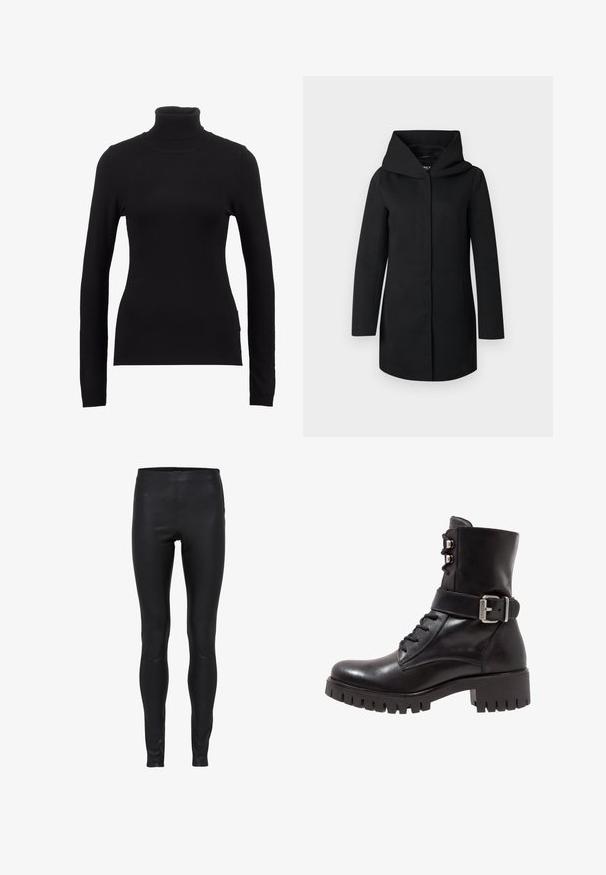 Sort lang frakke med bred krave og skjult forlukning foran, vist fladt på en lysegrå baggrund.; Sort turtleneck sweater lavet af blød stof, med lange ærmer og en tætsiddende silhuet. Enkel design uden synlige mønstre eller dekorationer.; Sorte læderleggings med høj talje, glat tekstur og tætsiddende pasform fra talje til ankel.; Sort læder ankelstøvle med snørebånd foran, justerbar metalspænde og kraftig sål. Har en glat overflade og struktureret design.