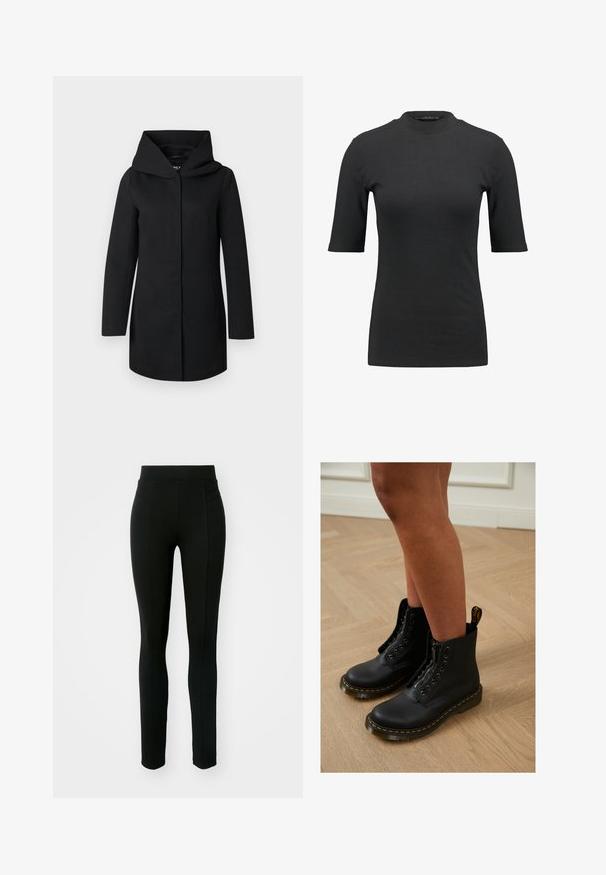 Manteau long noir avec large col et fermeture avant dissimulée, présenté à plat sur un fond gris clair.; T-shirt noir à côtes avec un col montant et des manches courtes. Design lisse et ajusté sans motifs ni détails matériels visibles.; Leggings noirs en matière extensible, dotés d'une taille haute, d'une coupe slim et de deux poches avant sans coutures visibles.; Bottines en cuir noir avec fermeture éclair et design à lacets, arborant des coutures jaunes et une semelle épaisse et texturée.
