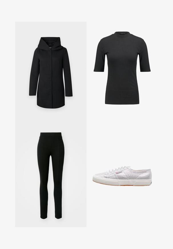 Abrigo largo negro con cuello ancho y cierre frontal oculto, mostrado plano sobre un fondo gris claro.; Camiseta negra de canalé con un cuello alto y mangas cortas. Diseño liso y ajustado sin patrones ni detalles de hardware visibles.; Leggings negros de material elástico, con cintura alta, corte ajustado y dos bolsillos frontales sin costuras visibles.; Zapatillas plateadas con purpurina y suela de goma blanca, con puntera redonda, diseño de cordones y un parche con el logo en el lateral.