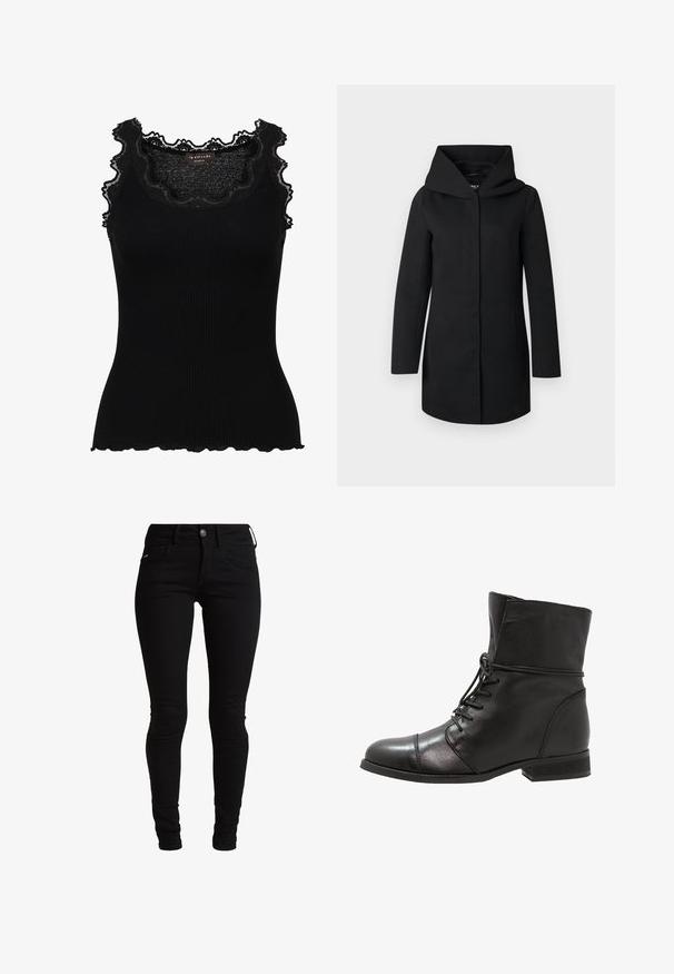 Must pikk mantel laia kraega ja peidetud eesmise sulgemisega, esitatud lamedalt helehalli taustal.; Must mustribi tank-top musta värvi, mille kaeluse ja käeaugu ääred on kaunistatud pitsiga. Omab keha lähedast lõiget ja sakilist äärist, mis lisab tekstuuri.; Mustad mustad teksad, klassikalise viie taskuga kujunduse, vöörihmade ja esise näpu sulgemisega. Sile, elastne tekstuur.; Must musta ankle boot ümmarguse varbaga, nööridega eesosa ja madala plokkninaga. Sile tekstuur koos õmblusteadetega ja volditud kraega.