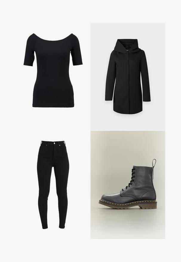 Manteau long noir avec large col et fermeture avant dissimulée, présenté à plat sur un fond gris clair.; Haut noir à manches courtes avec un décolleté dégagé, design ajusté et texture lisse. Pas de motifs ni de détails matériels visibles.; Jean skinny noir taille haute en denim extensible, avec une fermeture à bouton sur le devant, un design à cinq poches et une silhouette ajustée.; Botte de combat en cuir noir avec 8 œillets, semelle en caoutchouc, couture jaune et une languette à l'arrière. Présente une tige texturée.