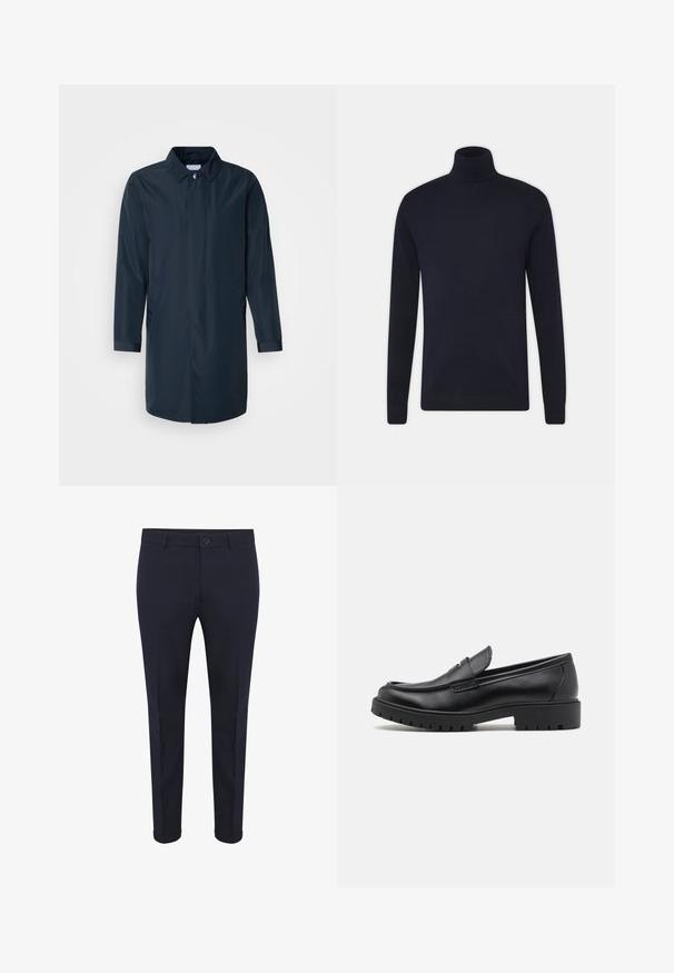 Imperméable bleu marine avec une silhouette droite, col boutonné, poches latérales et manches longues en tissu lisse et résistant à l'eau.; Pull col roulé bleu marine en tissu tricoté lisse, avec des manches longues et une coupe ajustée. Pas de motifs ni d'accents supplémentaires.; Pantalons taillés bleu marine en tissu lisse, avec fermeture par bouton, poches avant et ourlets retournés. Design slim fit avec des lignes épurées.; Mocassins en cuir noir avec un bout arrondi, un design à enfiler et une semelle en caoutchouc épaisse avec une texture antidérapante. Talon surélevé et détails de surpiqûre subtils.