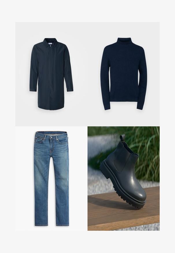 Marineblauer Regenmantel mit gerader Silhouette, geknöpftem Kragen, Seitentaschen und langen Ärmeln aus glattem, wasserabweisendem Stoff.; Marinefarbener Rollkragenpullover mit strukturierter Musterung, langen Ärmeln sowie geripptem Kragen und Bündchen, hergestellt aus leichtem Strickmaterial.; Blaue gerade geschnittene Jeans mit Knopf- und Reißverschluss vorne, Fünf-Taschen-Design und dezenten Ausbleichungen an Oberschenkeln und Knien.; Schwarzer Gummi-Stiefelette mit strukturiertem Finish, dicker, rutschfester Sohle, elastischen Seiteneinsätzen und einer Schlaufe hinten, die auf einer Holzoberfläche ruht.