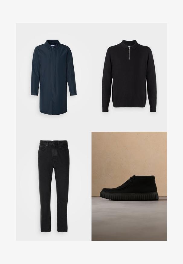 Imperméable bleu marine avec une silhouette droite, col boutonné, poches latérales et manches longues en tissu lisse et résistant à l'eau.; Pull noir à col zippé, à manches longues, avec des poignets et un ourlet côtelés, fabriqué dans un tissu doux et lisse.; Jeans en denim noir avec une coupe droite, dotés d'une fermeture à bouton et à zip, de poches avant et d'une texture subtile.; Bottes de cheville noires en matériau doux, avec un bout rond, un lacet minimal, et une semelle en caoutchouc texturée comportant des rainures verticales.