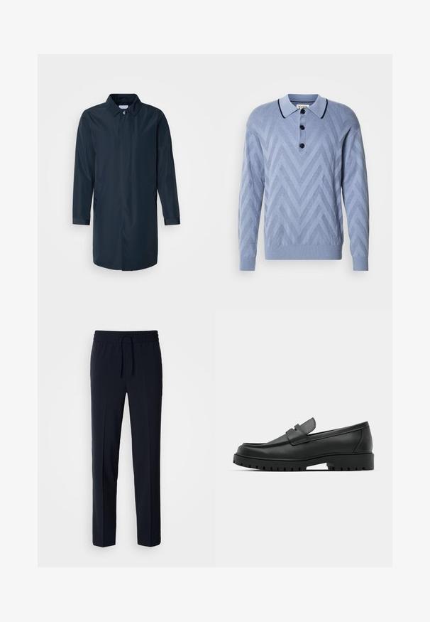 Imperméable bleu marine avec une silhouette droite, col boutonné, poches latérales et manches longues en tissu lisse et résistant à l'eau.; Polo tricoté bleu clair avec un motif en chevron, trois boutons noirs et un col marine contrastant. Manches longues et poignets côtelés.; Pantalons légers bleu marine avec une taille élastique et un cordon de serrage réglable, présentant un design coupe droite et une texture lisse.; Mocassins en cuir noir à bout arrondi, avec un design cousu, une semelle plateforme basse et une semelle en caoutchouc texturée et crantée.