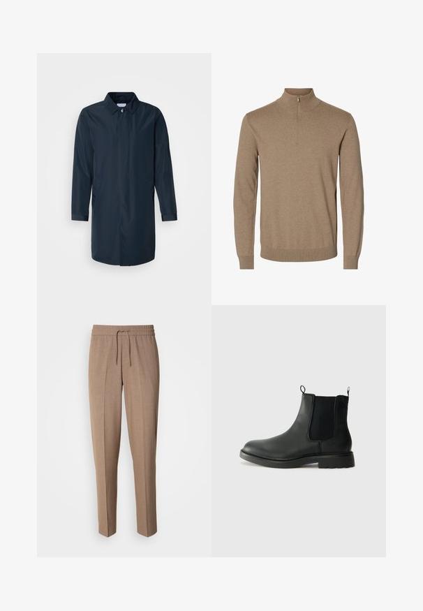 Imperméable bleu marine avec une silhouette droite, col boutonné, poches latérales et manches longues en tissu lisse et résistant à l'eau.; Pull en maille marron à manches longues avec un col montant et une courte fermeture éclair à l'avant, poignets et ourlet côtelés.; Pantalons en tissu tissé brun, avec une coupe décontractée, taille à cordon de serrage et plis à l'avant. Jambes droites et sans poches ni éléments en métal visibles.; Bottines Chelsea en cuir noir avec des panneaux élastiques sur les côtés, des languettes de tirage, un bout arrondi et une semelle en caoutchouc texturée. Surface lisse et design robuste.