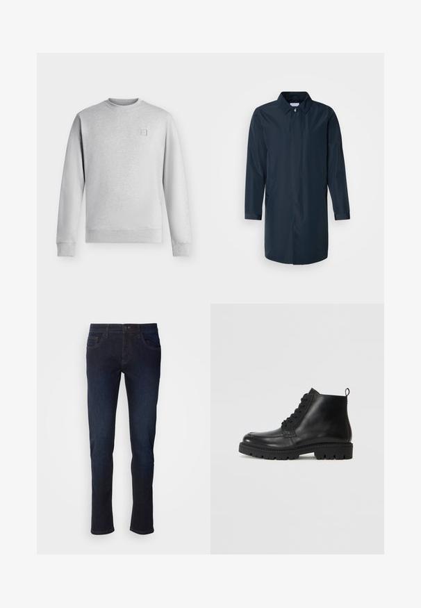 Mørkeblå regnfrakke med en lige silhuet, knaplukket krave, sidelommer og lange ærmer i glat, vandafvisende stof.; Lysegrå crewneck sweatshirt med lange ærmer og ribbet manchetter og kant, med et lille firkantet logo på venstre bryst.; Mørkeblå denim jeans med lige ben, som har forlommer, lynlås og subtile syninger.; Sorte læder ankelstøvler med rund tå, snørebånd fortil og tekstureret gummisål. Inkluderer en løkke ved hælen for nem påføring.