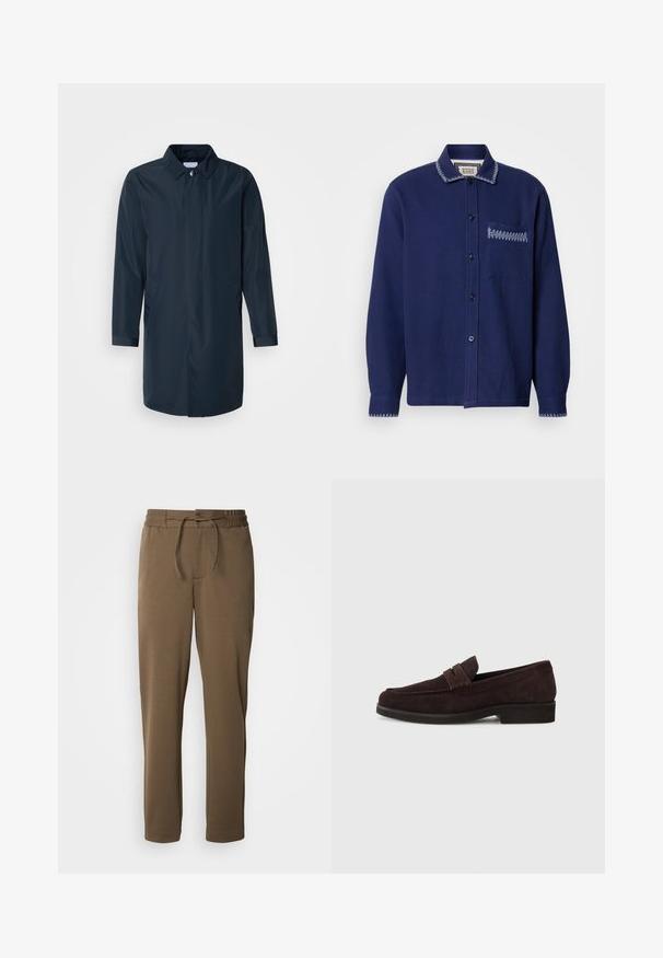 Imperméable bleu marine avec une silhouette droite, col boutonné, poches latérales et manches longues en tissu lisse et résistant à l'eau.; Chemise bleu marine à manches longues avec un tissu texturé, comportant un col, une poche poitrine et des accents de couture contrastants sur le col et la poche.; Pantalons de survêtement marron, effilés, avec une taille élastique et un cordon de serrage. Texture douce et lisse, avec des poches latérales et un design simple.; Mocassins en daim marron avec une silhouette basse et un embout arrondi. Présentent une sangle décorative sur le dessus, une semelle en caoutchouc plate et sans couture visible.