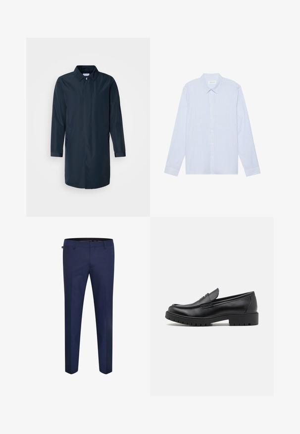 Impermeable azul marino con silueta recta, cuello abotonado, bolsillos laterales y mangas largas en tela suave y resistente al agua.; Camisa de botones de manga larga a rayas azul claro. Con un cuello tradicional, botones blancos y una suave mezcla de algodón.; Pantalones de corte entallado en azul marino, confeccionados con una tela suave, con un diseño de frente plano y sin bolsillos o adornos visibles.; Mocasines de cuero negro con punta redondeada, diseño sin cordones y suela de goma gruesa con agarre texturizado. Tacón elevado y detalles de costura sutiles.