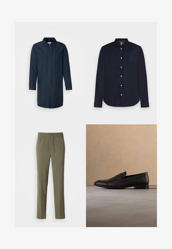 Imperméable bleu marine avec une silhouette droite, col boutonné, poches latérales et manches longues en tissu lisse et résistant à l'eau.; Chemise homme bleu marine à manches longues avec col et boutons blancs, présentée sur fond gris clair.; Pantalons légers couleur vert olive avec une taille élastique et un cordon de serrage réglable ; design à jambe droite et texture lisse.; Mocassin en cuir noir flottant au-dessus d'un tapis beige avec un canapé beige dans un intérieur minimaliste.