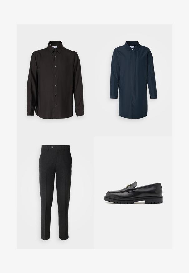 Impermeable azul marino con silueta recta, cuello abotonado, bolsillos laterales y mangas largas en tela suave y resistente al agua.; Camisa negra de manga larga hecha de una tela suave, con un cierre frontal de botones, collar puntiagudo y dobladillo redondeado con botones en contraste.; Lindbergh FORMAL PANT - Pantalones - black melange; Mocasines de cuero negro con un acabado suave, punta redonda, una tira decorativa con herraje dorado y una suela negra robusta.
