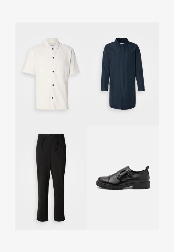 Impermeable azul marino con silueta recta, cuello abotonado, bolsillos laterales y mangas largas en tela suave y resistente al agua.; Camisa blanca de manga corta con un diseño texturizado, botones frontales en marrón oscuro y un único bolsillo en el pecho.; Pantalones de punto negros con cintura elástica y cordón, corte recto y bolsillos laterales. Textura suave con un acabado liso.; Pier One by Zalando Mocasines elegantes - black