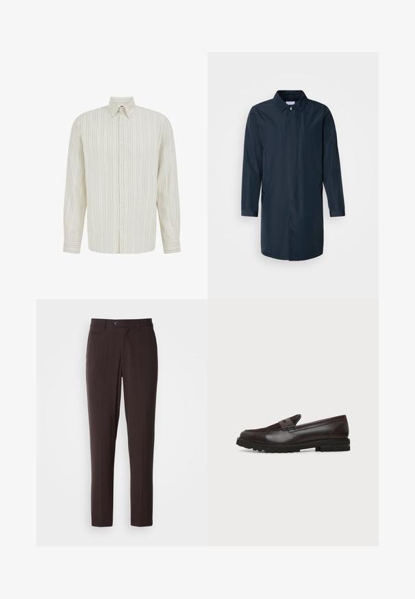 Imperméable bleu marine avec une silhouette droite, col boutonné, poches latérales et manches longues en tissu lisse et résistant à l'eau.; Chemise crème à manches longues avec de fines rayures noires verticales, boutonnée à l'avant, col pointu et poignets boutonnés.; Pantalon marron foncé ajusté en tissu lisse, avec devant plat, poches latérales et fermeture par bouton. Coupe droite, sans motif apparent.; Mocassin penny en cuir et daim marron foncé avec semelle épaisse en caoutchouc noir, profil latéral sur fond blanc.