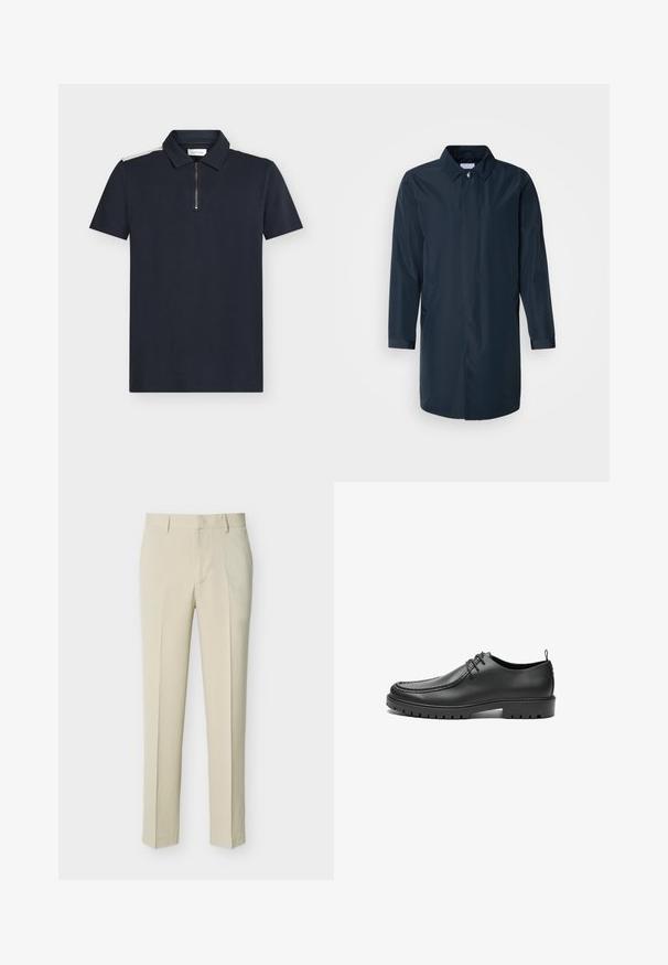 Marineblauer Regenmantel mit gerader Silhouette, geknöpftem Kragen, Seitentaschen und langen Ärmeln aus glattem, wasserabweisendem Stoff.; Marineblaues Poloshirt mit kurzen Ärmeln, strukturierter Stoff, Reißverschluss am Kragen und kontrastierenden weißen Akzenten auf den Schultern.; Beige, maßgeschneiderte, gerade geschnittene Hose mit Gürtelschlaufen und Reißverschluss vorne, auf einfarbigem, hellem Hintergrund präsentiert.; Schwarze Lederschuhe mit glatter Oberfläche, runder Zehenform und dekorativer Naht. Mit einer Gummisohle mit Traktionsrillen und Schnürdesign.