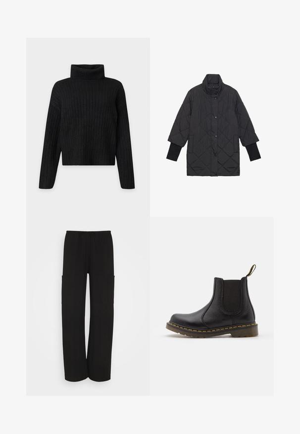 Manteau matelassé noir avec col montant, boutons-pression et poignets côtelés. Il présente une texture à motif en losanges et des poches latérales.; Pull à col roulé en tricot côtelé noir avec manches longues et coupe légèrement raccourcie sur un fond clair uni.; Weekday ADISA SUITING TROUSER - Pantalon cargo - black; Bottines Chelsea en cuir noir avec des panneaux élastiques sur les côtés, bout arrondi, couture jaune, semelle en caoutchouc et une languette à l'arrière pour faciliter l'enfilage.