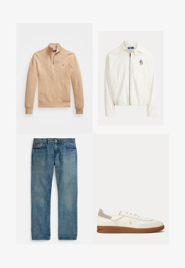 Weiße Jacke mit Reißverschluss und Kragen, Seitentaschen, elastischem Saum und kleinem besticktem Bären mit blauer Jacke auf der Brust.; Beiger Pullover mit halb aufgezipptem Kragen, gerippten Bündchen und Saum. Das Material hat eine strukturierte Oberfläche und ein kleines Logo auf der linken Brust.; Hellblaue Jeans aus Denim mit geradem Bein, fünf Taschen, Knopfverschluss und dezenter Used-Optik für mehr Textur.; Weißer Leder-Low-Top-Sneaker mit brauner Gummisohle, beigem Wildleder-Absatzfleck und kleinem goldenen Polo-Logo an der Seite.