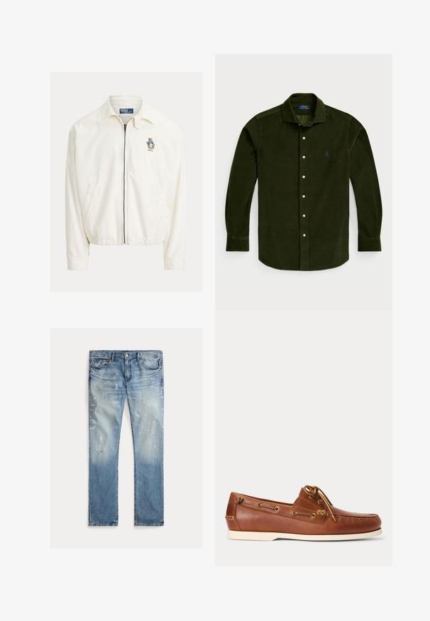 Weiße Jacke mit Reißverschluss und Kragen, Seitentaschen, elastischem Saum und kleinem besticktem Bären mit blauer Jacke auf der Brust.; Dunkelgrünes Cordhemd mit langen Ärmeln, Button-Down-Kragen, Knopfleiste auf der Vorderseite und einem kleinen blauen Logo auf der linken Brust.; Helle blaue Denim-Jeans mit einem verblichenen Waschlook, abgeriebenen Details, Farbspritzern, traditionellem fünf-Taschen-Design und geradem Bein.; Brauner Leder-Bootsschuh mit weißer Sohle, oben geschnürte Schnürsenkel und Metallösen entlang der Seiten und der vorderen Naht.