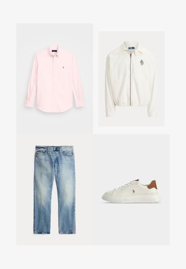 Weiße Jacke mit Reißverschluss und Kragen, Seitentaschen, elastischem Saum und kleinem besticktem Bären mit blauer Jacke auf der Brust.; Helles rosa Langarmhemd mit Kragen zum Knöpfen, verfügt über ein kleines gesticktes Logo auf der linken Brust, gefertigt aus einem glatten Baumwollstoff.; Hellblaue gerade geschnittene Jeans aus Denim mit Vordertaschen und Knopfleiste, flach auf weißem Hintergrund liegend.; Weißer Sneaker mit niedrigem Schaft, braunem Fersenlasche, Schnürung vorne, dicker Sohle und kleinem besticktem Pferdelogo an der Seite.