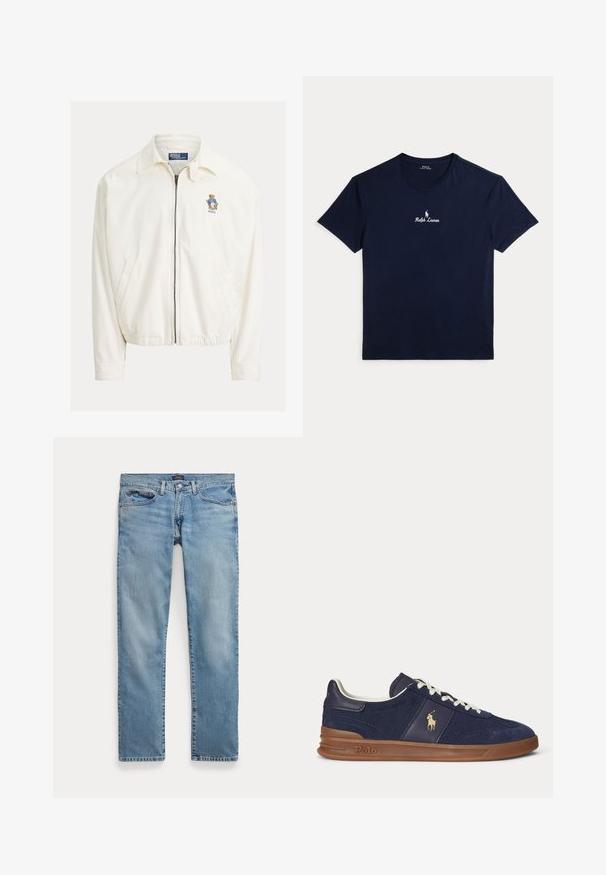 Hvid jakke med lynlås, krave, sidelommer, elastisk kant og lille broderet bjørn med blå jakke på brystet.; Marineblå bomulds-t-shirt med rund hals, korte ærmer og en lille hvid broderet logo på brystet. Minimalistisk design.; Lyseblå jeans med lige ben, forlommer og knaplukning, lagt fladt på en hvid baggrund.; Mørkeblå lavtopsneaker med hvide snørebånd, brun sål og Polo-spiller logo på siden, set fra venstre.